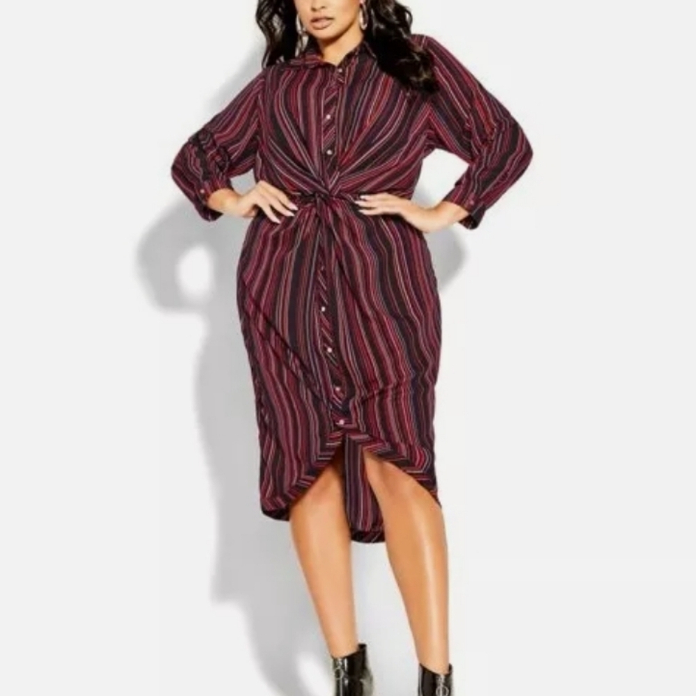 City Chic button-up amber strip long sleeve dress 16